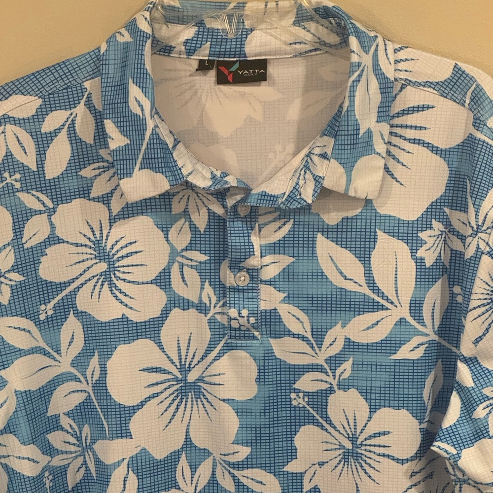 Yatta Men's Blue & White Golf Shirt HAWAIIAN TROPICAL FLORAL POLO Shirt Large - Picture 2 of 8